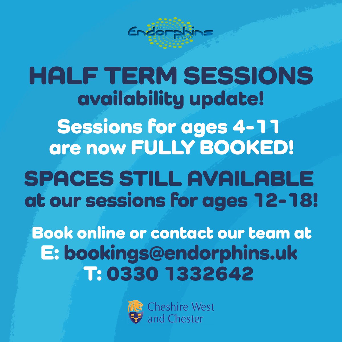 Not long to go now until half term- Our younger sessions are all Fully Booked but we do have limited space for our older sessions for ages 12-18!

Its going to be a good Half Term 😃

endorphins.uk/events-page/
