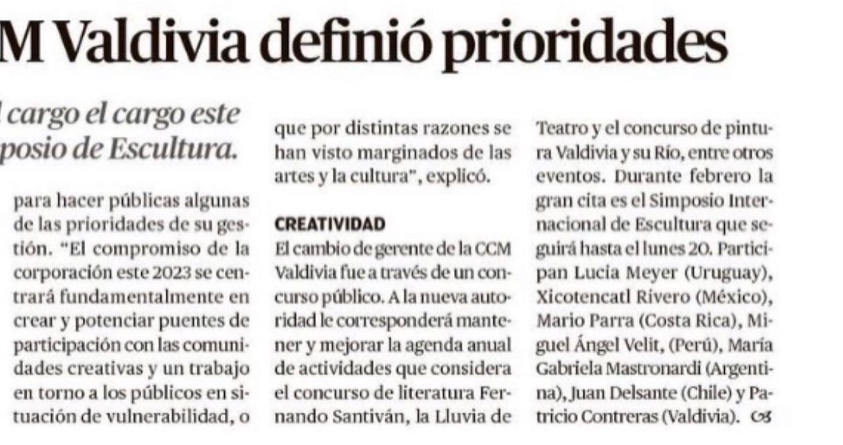 Prensa 🗞️D.A.deLosRíos destaca las primeras actividades que encabeza nuestro nuevo gerente Roberto Faúndez entre ellas el 27 Simposio Inter. de Esculturas, evento más antiguo de Latinoamérica de este tipo. <a href="/ChileCulturaGob/">ChileCulturaGob</a> <a href="/MunicipalVald/">Teatro Municipal Val</a> <a href="/culturaslosrios/">Culturas Los Ríos</a> <a href="/munivaldivia/">MuniValdivia</a> #ValdiviaCL
