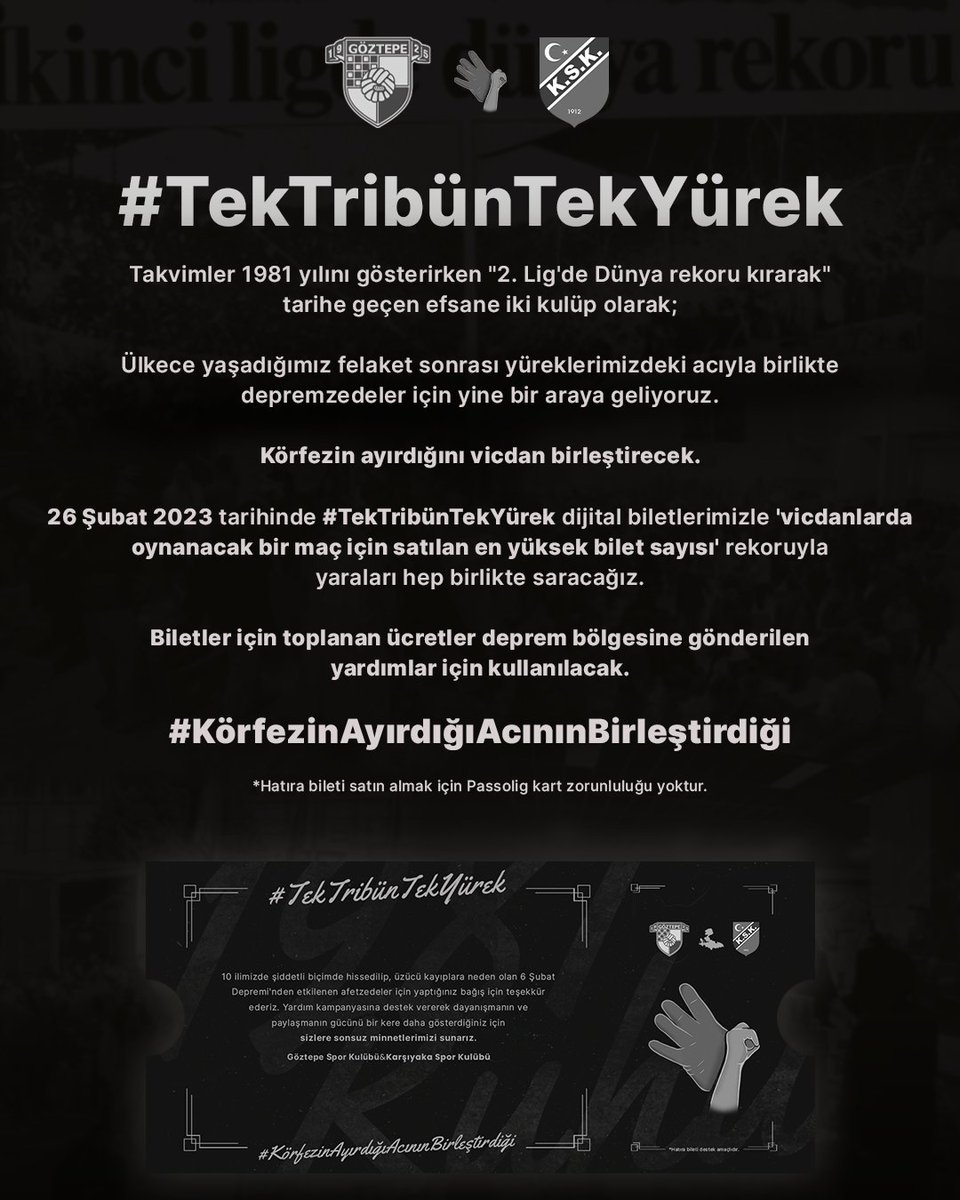 Takvimler 1981 yılını gösterirken '2. Lig'de Dünya rekoru kırarak' tarihe geçen efsane iki kulüp olarak; Ülkece yaşadığımız felaket sonrası yüreklerimizdeki acıyla birlikte depremzedeler için yine bir araya geliyoruz. #TekTribünTekYürek #KörfezinAyırdığıAcınınBirleştirdiği