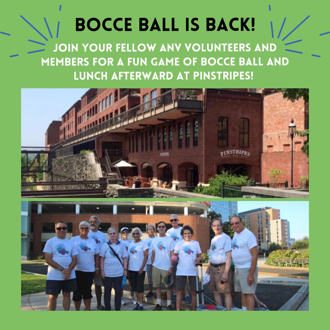 Join the ANV Bocce team to play a game at Pinstripes in Georgetown tomorrow from 12:00-1:00 pm. We will have lunch there afterward.

All levels of bocce skills and experience are welcome. Everyone gets to play!

See the ANV Events calendar for more details.