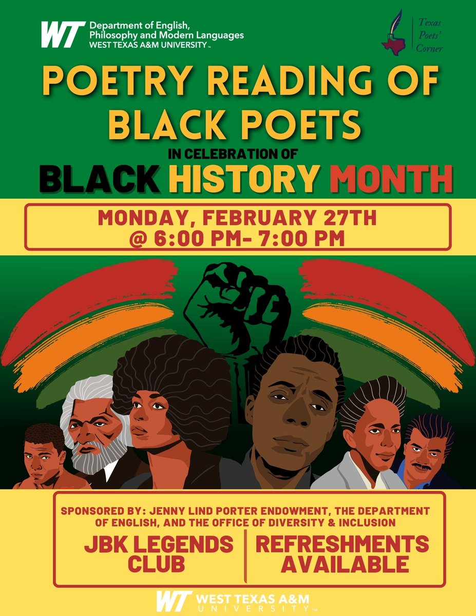 WT_OEC's tweet photo. 📢Save the Date! 📢

#BlackHistoryMonth #BlackPoets #WTAMUEPML #AngelaDavis #JamesBaldwin #FrederickDouglass #MuhammadAli #NeilDeGrasseTyson https://t.co/bvsi5HK1rt