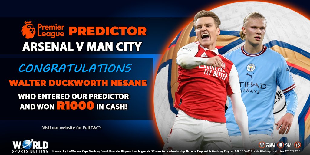 WorldSportsBet's tweet photo. #Predictor! πβ½π
And the winner is...
CONGRATS to Walter Duckworth Nesane who correctly predicted the 90 Min Score in the Arsenal vs Man City Game and won R1000 in CASH!
Thank you to everyone who entered. Next Predictor coming soon!
#WinningWithWSB #BetWithTheBest https://t.co/NCqdArcbf8