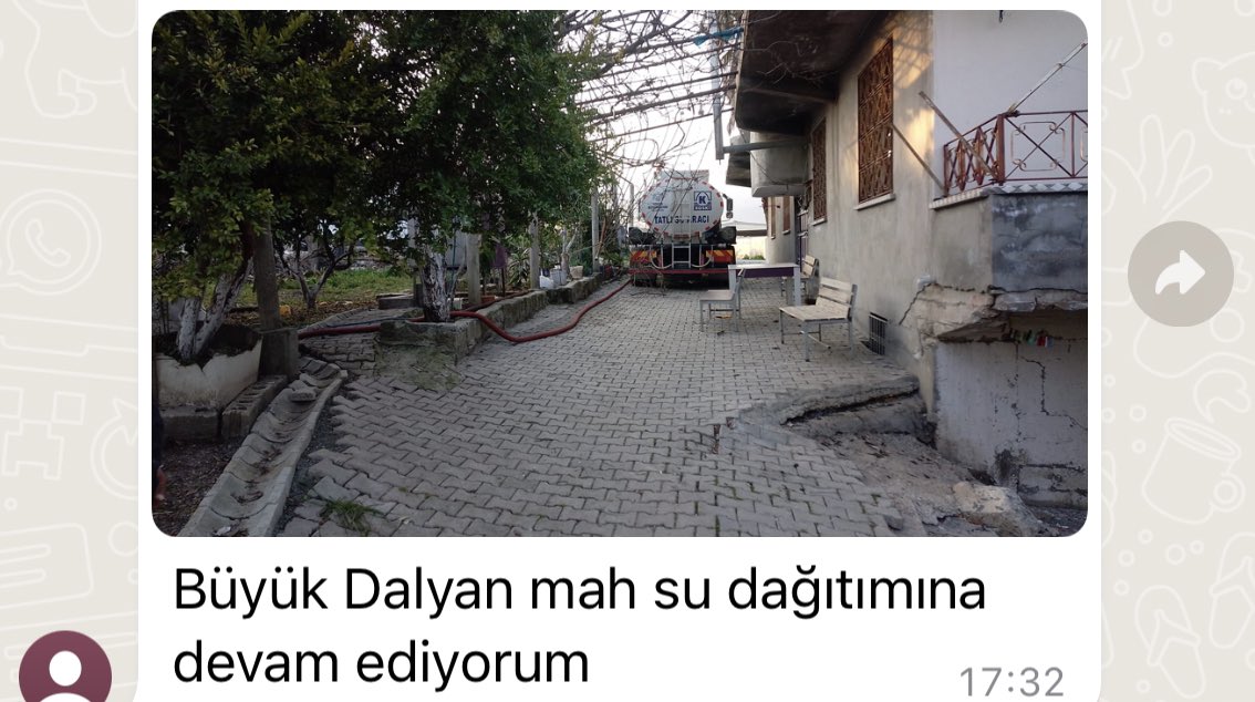 📍Hatay

- Çalışır hale getirildi
- Arıza giderildi
- Su verildi
- Su dağıtımına devam ediyorum
…
Tüm ekibimiz aynı mesaj gurubundayız ve birlikte sevindiğimiz cümleler bunlar. 

Yüzlerce “su işi tamamdır” mesajı içinde seçtiklerimi buraya bıraktım. 

Adım adım başaracağız.