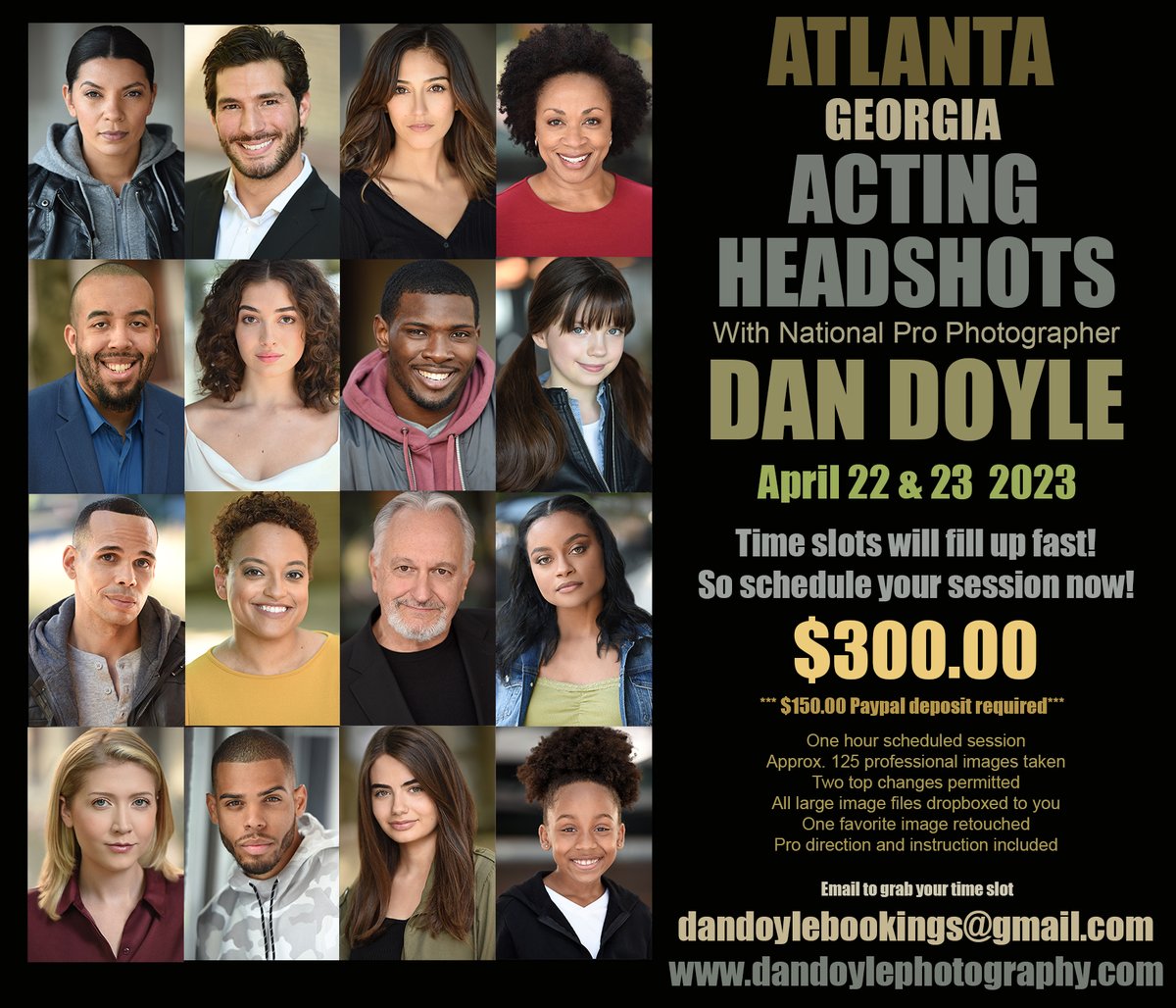 DanDoylePhotog's tweet image. ATLANTA ACTORS! 
I am booking Atlanta to offer a great headshot special in April. 
Mark the dates and reach out to grab your time slot! 
#Atlanta #atlantaactors #atlantafilm #atlantacasting