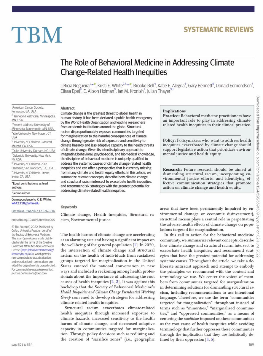 Thank you @UCSFAME & @AricPrather for spotlighting our advocacy around #BehavioralMedicine’s important role in addressing how #ClimateChange exacerbates #HealthInequities rooted in #StructuralRacism.

Wanna know more? 👀 for FREE in @BehavioralMed’s TBM ➡️ academic.oup.com/tbm/article/12…