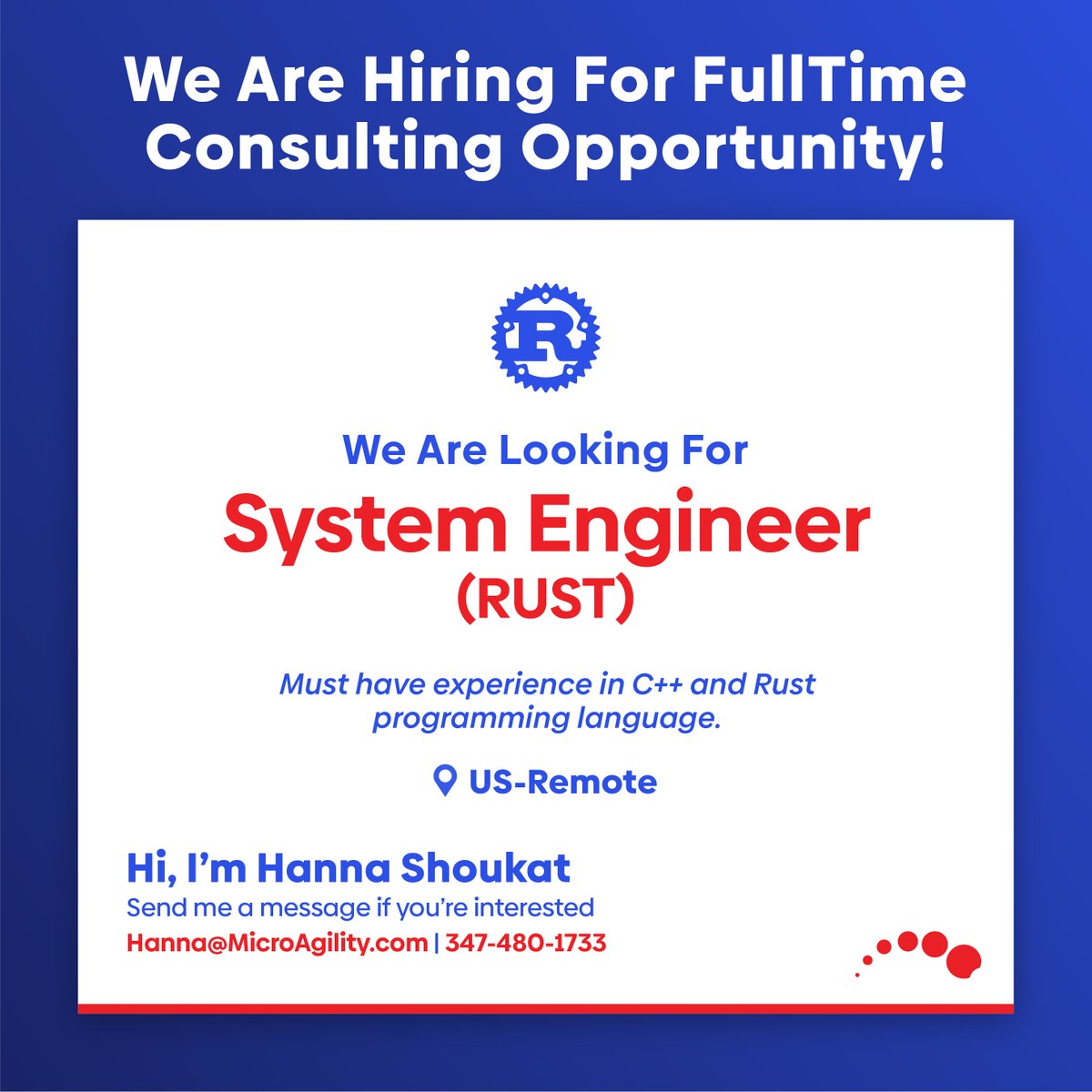 MicroAgility's tweet image. MicroAgility is looking for a System Engineer-RUST for one of our Tech-based client .
Interested consultants with skillset in #systemengineering #rust & #C++ are encouraged to apply via given link or share their resume via email at hanna@microagility.com.