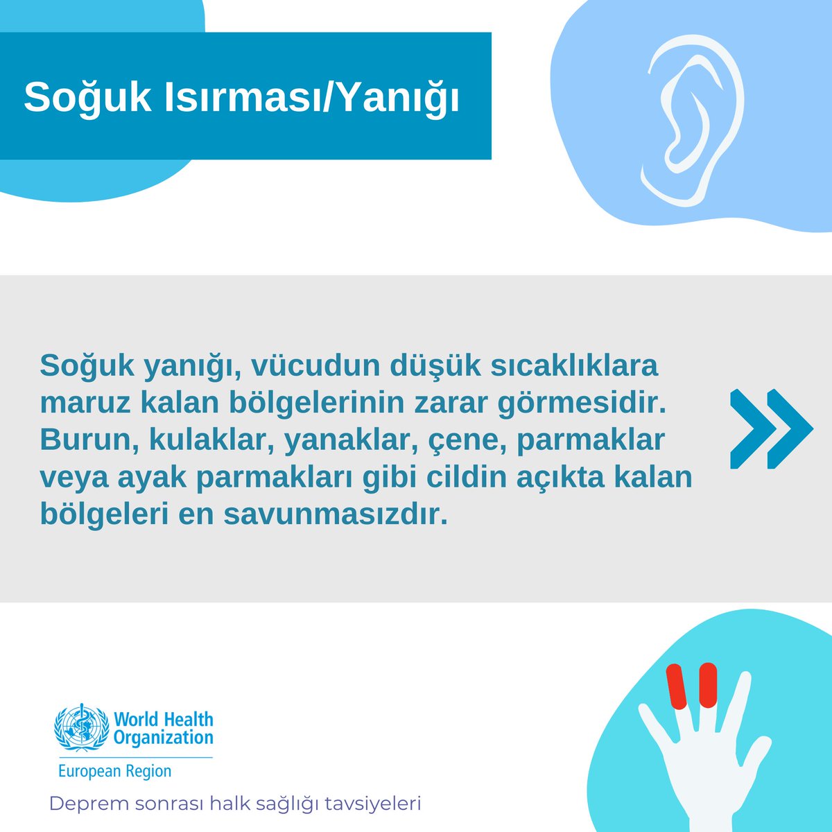 WHO_Turkiye's tweet photo. Soğuk ısırması/yanığı nedir? Belirtileri nedir ve ne yapmalıyız? 

#depremturkiye #saglik https://t.co/5wuZdrPo15