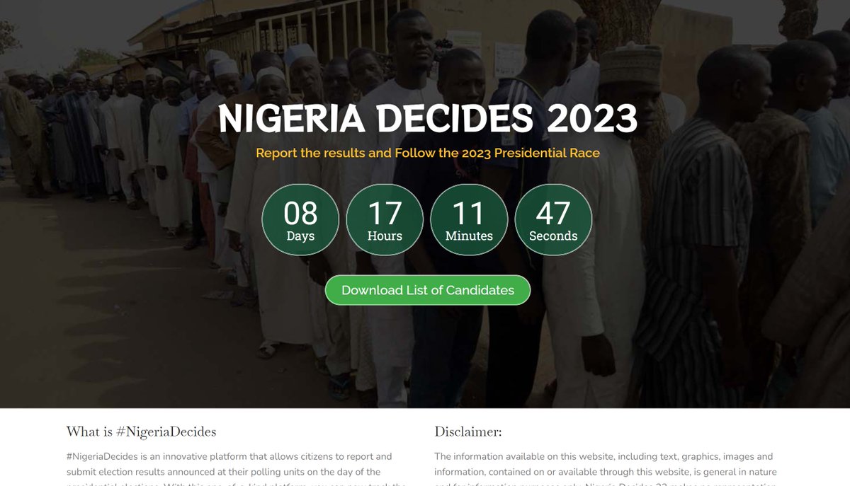 Martozium's tweet photo. #NigeriaDecides is an innovative platform that allows citizens to report and submit election results announced at their polling units on the day of the presidential elections. With this one-of-a-kind platform, you can now track the live results from the 2023 presidential race in Nigeria. Stay up to date with voting trends and polls results with #NigeriaDecides!

https://t.co/4Tq0zPpOax