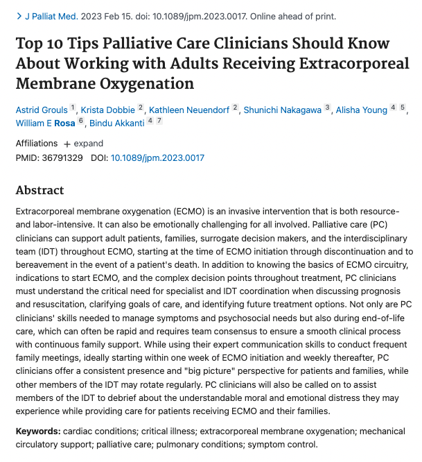 Billy Rosa, PhD, MBE, APRN (@billyrosaphd) on Twitter photo 🎯Brilliant new <a href="/PalliativeMed_j/">Journal of Palliative Medicine</a> Top 10 Tips #PalliativeCare Clinicians Should Know About #ECMO, led by <a href="/AstridGrouls/">Astrid Grouls, MD</a>.📢Expert symptom management, communication, & collaborative skills needed to best support IDT colleagues, patients, & their families. 🔗: liebertpub.com/doi/full/10.10… 🎯Brilliant new <a href="/PalliativeMed_j/">Journal of Palliative Medicine</a> Top 10 Tips #PalliativeCare Clinicians Should Know About #ECMO, led by <a href="/AstridGrouls/">Astrid Grouls, MD</a>.📢Expert symptom management, communication, & collaborative skills needed to best support IDT colleagues, patients, & their families. 🔗: liebertpub.com/doi/full/10.10…