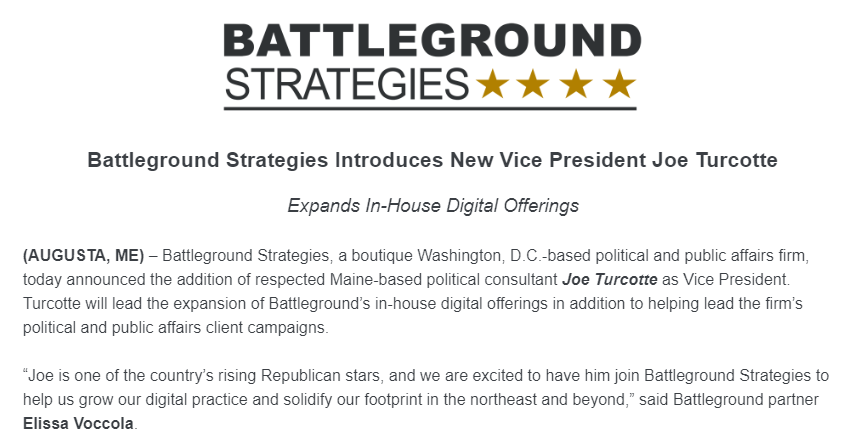 joe_turcotte's tweet photo. Personal News: I'm excited to announce I've joined the great team at Battleground Strategies as a VP. 

I will be leading Battleground's expansion of digital offerings in addition to helping lead their political and public affairs campaigns. https://t.co/tMbhQpfThM
