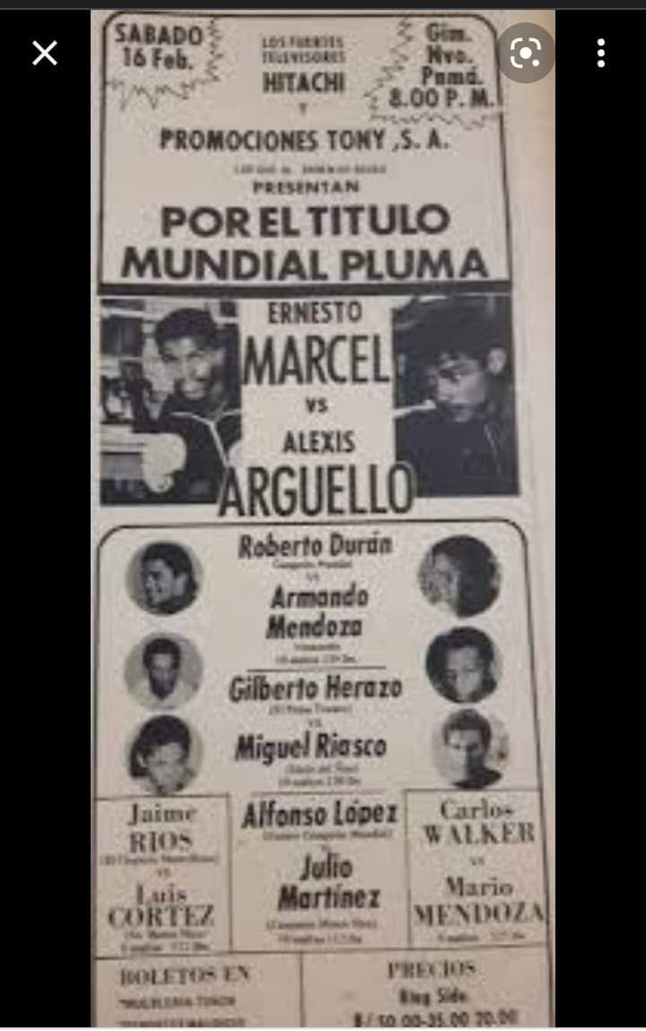 UN DÍA COMO HOY 16 de febrero de 1974 hace 49 años Alexis Arguello por primera vez un titulo mundia vs campeón panameño Ernesto Ñato Marcel campeón  pluma WBA Arguello perdió DU15 se realizo en Gimnasio Nuevo Panamá.