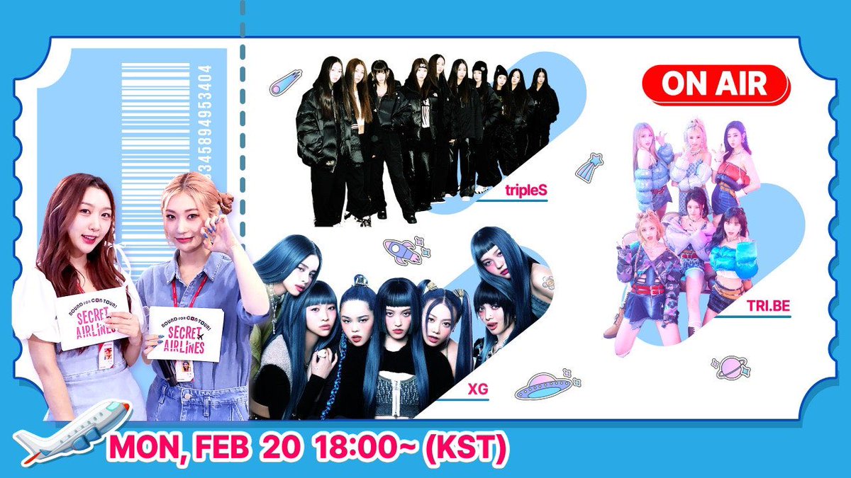 golbaengikpop's tweet image. Guess who will be on Secret Airlines next week!👀
Tune in to Secret Airlines on February 20th 6PM(KST) to see #tripleS #XG #tribe ✈️💙

#Secret_Airlines #SECRET_NUMBER #Jinny #Minji