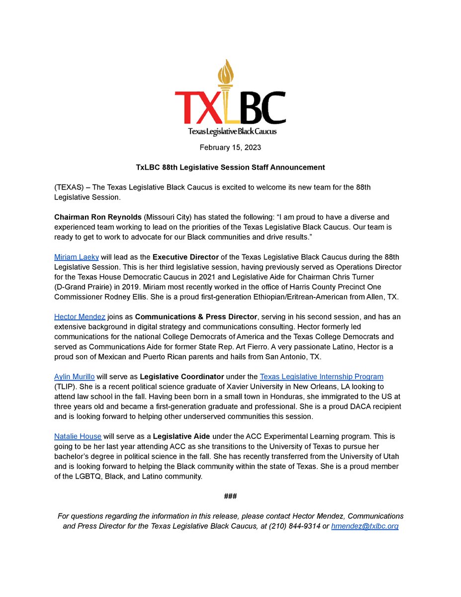 txblackcaucus's tweet photo. We're excited to announce our 88th Legislative Session Staff! Our diverse and experienced team is ready to get to work to advocate for our Black communities and drive results. #txlege https://t.co/fJ5DEiRQbb