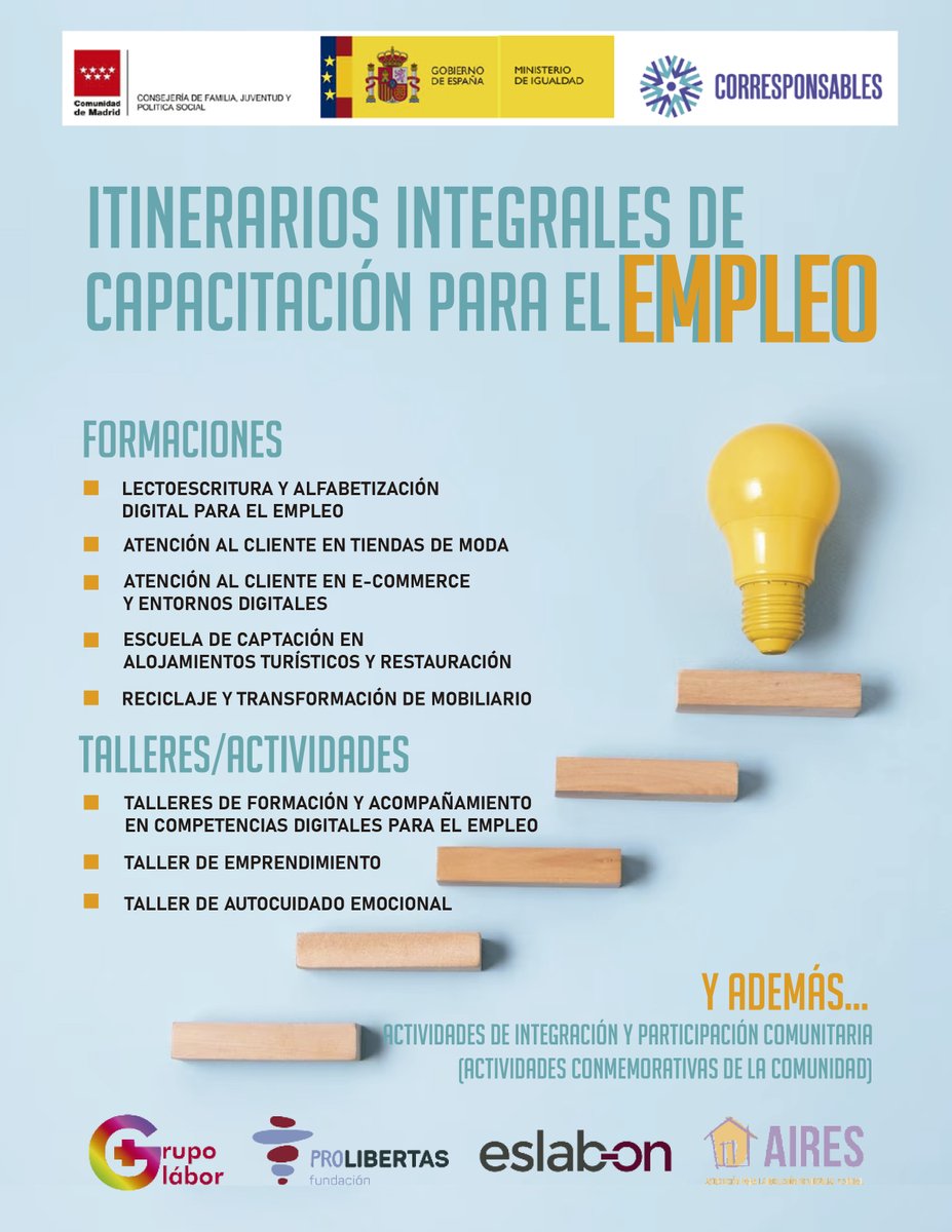 Junto a 
<a href="/AIRESasociacion/">AIRES</a>, <a href="/AsocEslabon/">Asociación Eslabón</a> y <a href="/FProlibertas/">PROLIBERTAS</a>
  tenemos un proyecto muy  interesante. A través de itinerarios generales de captación para el empleo trabajaremos la inserción sociolaboral de personas en riesgo de exclusión social <a href="/FamiliaCMadrid/">Familia, Juventud y Asuntos Sociales</a> @ministerioigual #empleo