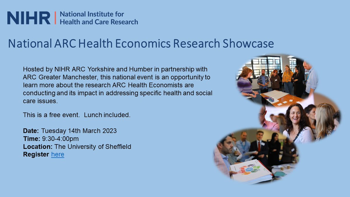 📢National ARC Research Showcase Event 📢 
Learn about the ARC Health Economics research &amp; its impact addressing specific health and social care issues 
⏰ Tues 14th March
🕘9:30am-4:00pm
➡️ tinyurl.com/4urspu4m
@young4T @ScHARRSheffield <a href="/bojke_laura/">Laura Bojke</a> <a href="/DrMattFranklin/">Matt Franklin</a> <a href="/sebh2005/">Seb Hinde</a>