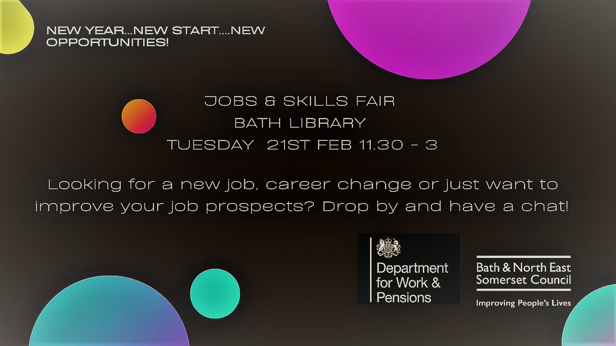 Looking for a New Job, Career Change or just want to improve your Job Prospects? Then come along to #BathLibrary Job & Skills Fair on Tuesday 21st Feb from 11:30am-3pm @JoDavis88768139 @KateCurtisDWP @PreetaRamachan2 #TeamASG #BathJobs