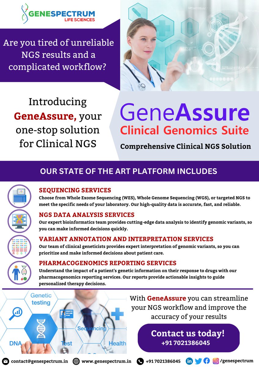 We present a comprehensive Clinical NGS Data Analysis solution - GeneAssure. To know more reach us at contact@genespectrum.in

#Bioinformatics #genomics #PrecisionOncology #precisionhealth