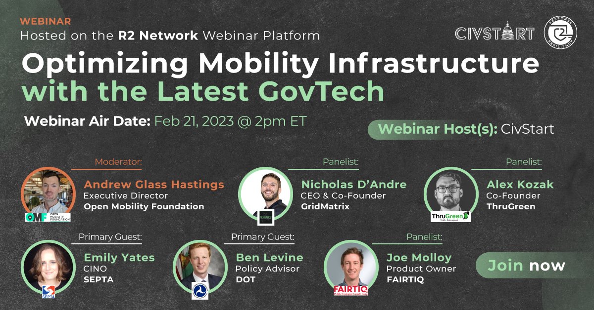 Register for the next R2 Connect webinar, presented by <a href="/CivStart/">CivStart</a>, Optimizing Mobility Infrastructure with the Latest GovTech. 

The event will be live on R2 Connect @ 2:00 pm ET on Tuesday, Feb 21st. 

civstart.org/events/optimiz…