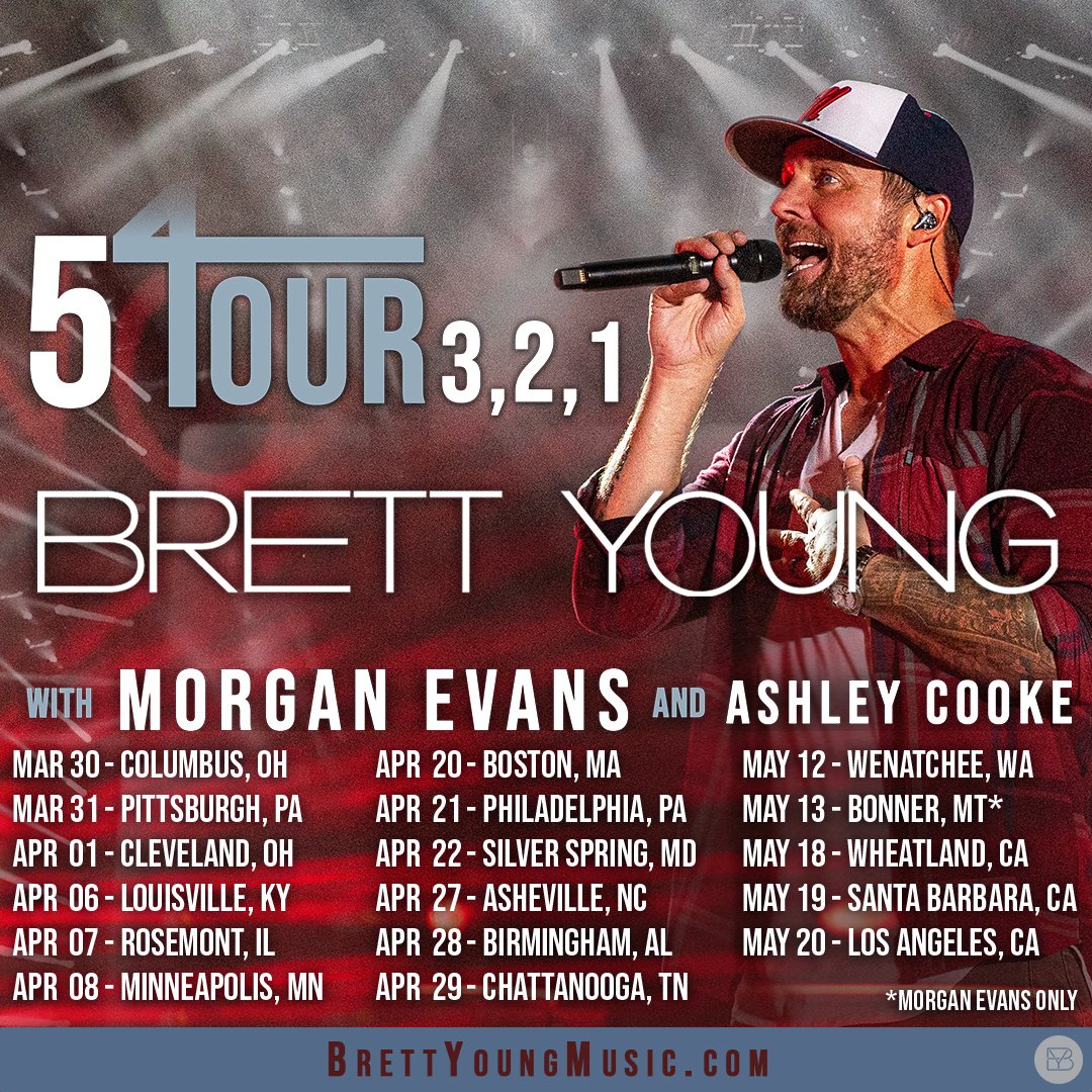 BrettYoungMusic's tweet photo. We're kickin' off the #5Tour321 on MARCH 30TH! Bringing my friends @Morgan_Evans and @theashleycooke! Get your tickets now and we'll see y'all soon // https://t.co/NbFUdMAaIL https://t.co/pTR4XkNYEU