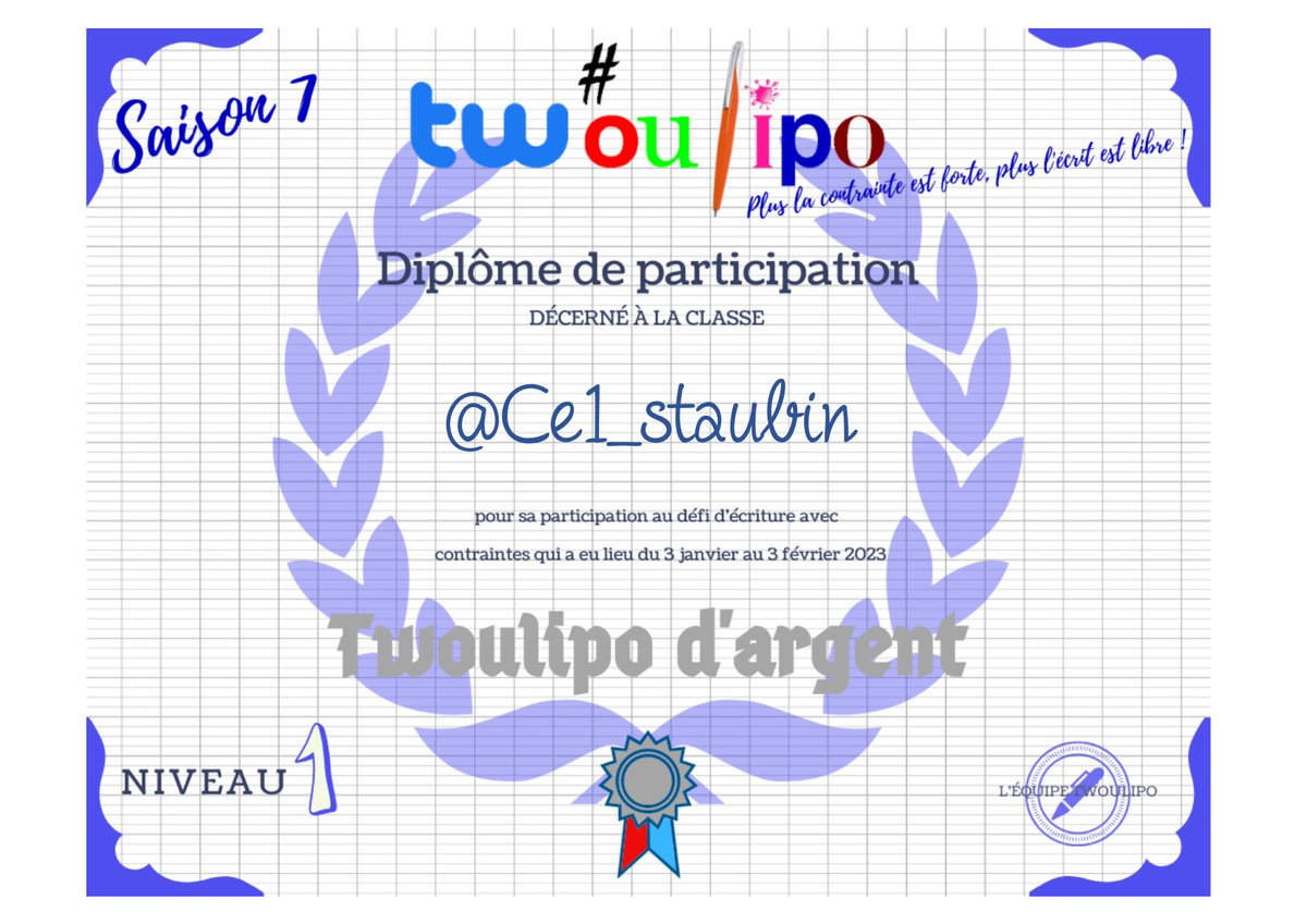 tw_oulipo's tweet photo. Juste avant les vacances de certains … Pour la reprise des autres …
Voici les diplômes de cette saison 7 pour l'équipe #EQ05 #twoulipo.
Encore félicitations à tous !
@Ce1Braque
@Ce1_staubin
@ClasseVirginie
@Ce1Roseraie
@CE1Laurence
@Strlas_E
@CE1ADEBERTHELOT https://t.co/Otp6hN91Og