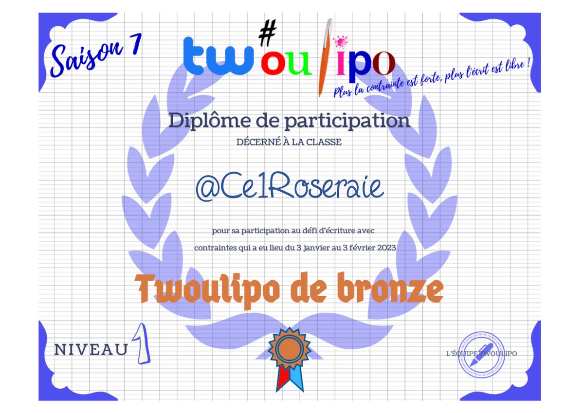 tw_oulipo's tweet photo. Juste avant les vacances de certains … Pour la reprise des autres …
Voici les diplômes de cette saison 7 pour l'équipe #EQ05 #twoulipo.
Encore félicitations à tous !
@Ce1Braque
@Ce1_staubin
@ClasseVirginie
@Ce1Roseraie
@CE1Laurence
@Strlas_E
@CE1ADEBERTHELOT https://t.co/Otp6hN91Og