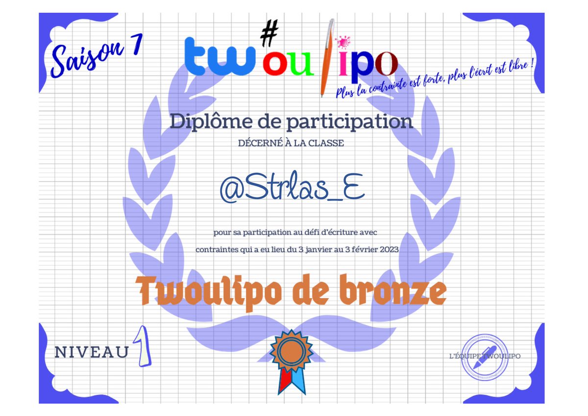 tw_oulipo's tweet photo. Juste avant les vacances de certains … Pour la reprise des autres …
Voici les diplômes de cette saison 7 pour l'équipe #EQ05 #twoulipo.
Encore félicitations à tous !
@Ce1Braque
@Ce1_staubin
@ClasseVirginie
@Ce1Roseraie
@CE1Laurence
@Strlas_E
@CE1ADEBERTHELOT https://t.co/Otp6hN91Og