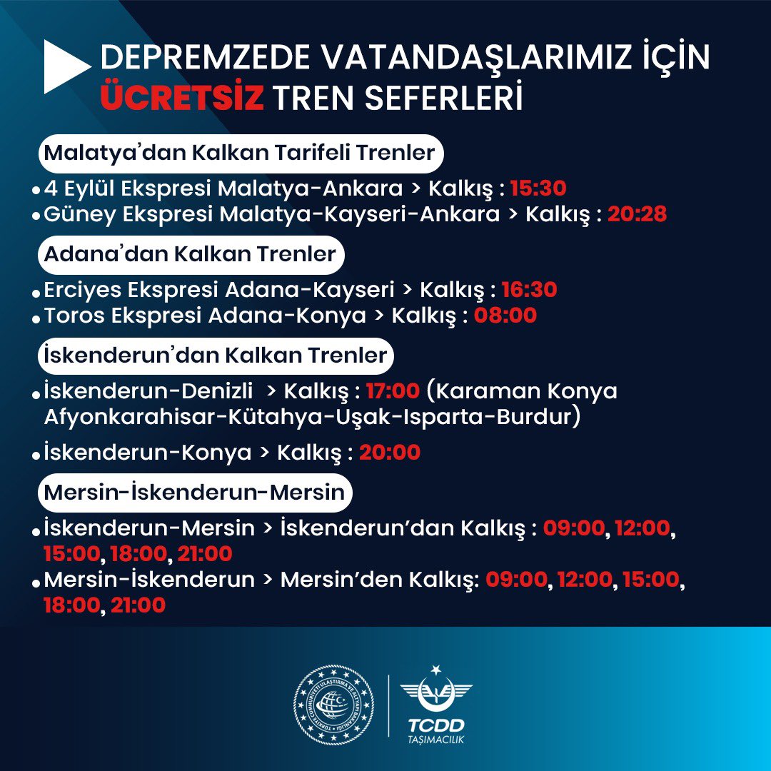 TCDDTasimacilik's tweet photo. 17.02.2023 tarihinden itibaren geçerli deprem bölgesinden hareketli tren sefer ve saatleri https://t.co/29aQbZrNqw
