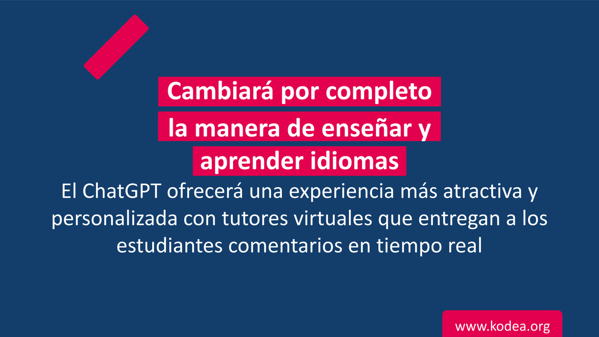 KodeaOrg's tweet photo. Las nuevas tecnologías ya son una realidad y su impacto también se verá en la #educación.

Un ejemplo concreto es el controversial #chatGTP. En el #aula, podría tener la capacidad de mejorar los sistemas de aprendizaje y ofrecer detallados feedbacks al instante. https://t.co/QDYh1Bnw4g
