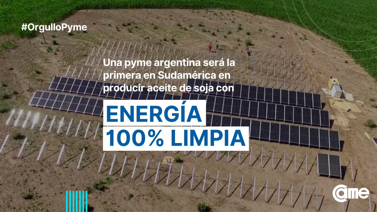 redcame's tweet photo. #OrgulloPyme La empresa bonaerense #Rumara será la primera #pyme en Sudamérica en producir #aceite de soja con #energía 100% limpia: construirá una planta en San Andrés de Giles con un sistema de generación solar fotovoltaica ☀️.
¡Compartilo! Apoyemos a nuestras #empresas 🇦🇷 https://t.co/Y6UUBjnB7m