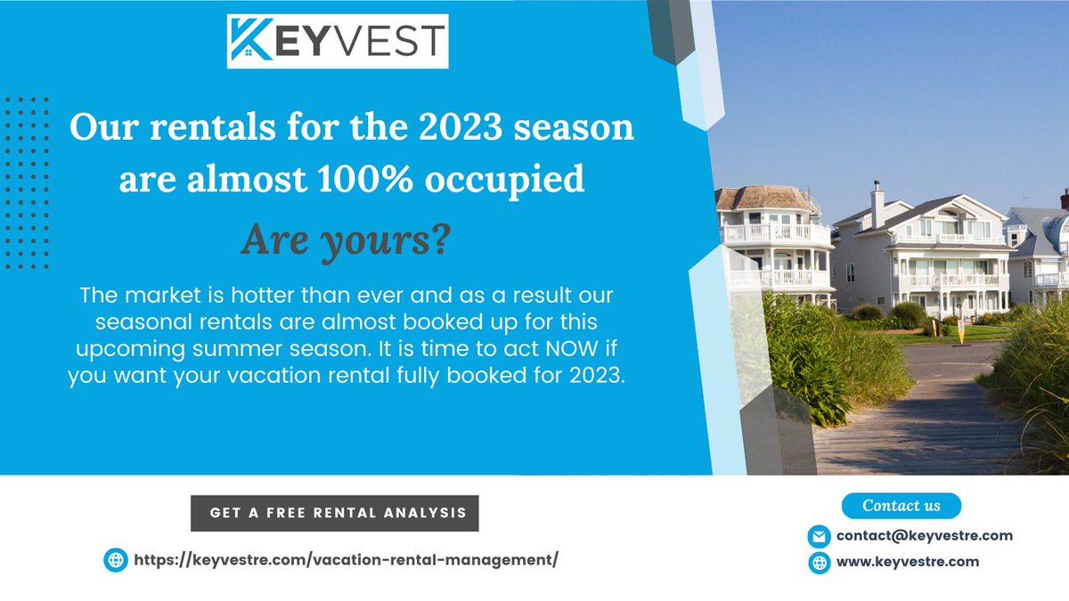 keyvestre's tweet photo. The market is hotter than ever and as a result our seasonal rentals are almost booked up for this upcoming summer season. It is time to act NOW if you want your vacation rental fully booked for 2023.
#njrealestate #vacationrental #vacationrentals #newjerseyhomes #keyvest https://t.co/i4tbDXXYm0