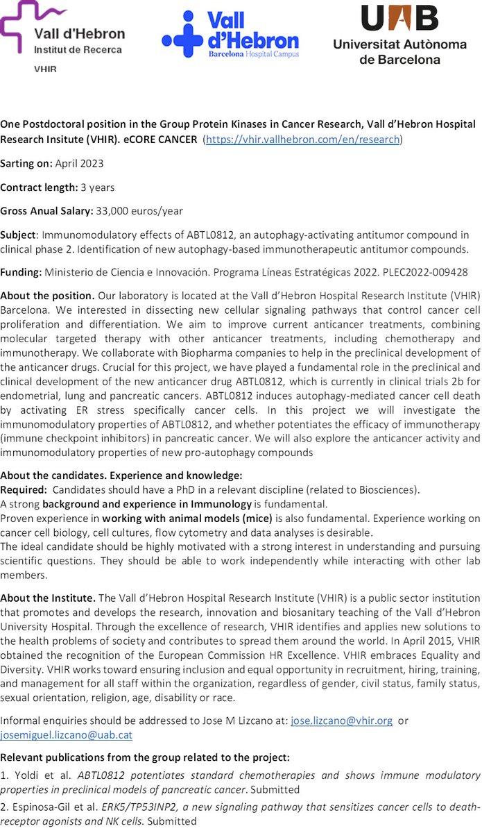 Postdoc position available in our group at Vall d'Hebron Hospital Research Institute (VHIR) Barcelona. 
Background and experience in Immunology and working with mice models. 
Contact: jose.lizcano@vhir.org
Please retweet 👇