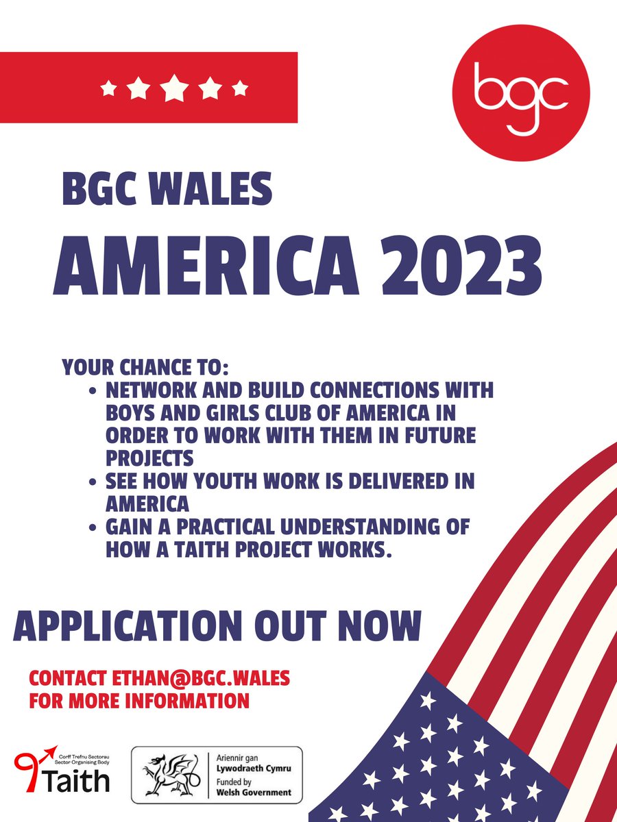 BGCWales's tweet photo. Reminder!

Applications for our BGC Wales trip to America are out now 🥳🇺🇸
Great opportunity for club leaders, staff and volunteers within our network🤠✈️
For more information contact Ethan Richards - ethan@bgc.wales
@TaithWales @WCIA_Wales @CWVYS @YWWales #internationalyouthwork https://t.co/pscl7qdJLz