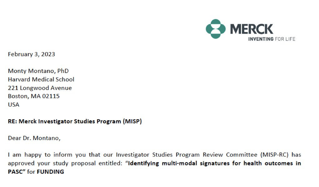 Many congratulations to our Scientific Director Dr. @Monty_A_Montano on securing the <a href="/Merck/">Merck</a>  Investigator Studies Funding! His study is entitled "Identifying multi-modal signatures for health outcomes in PASC". 
We look forward to learning more about this exciting new study!