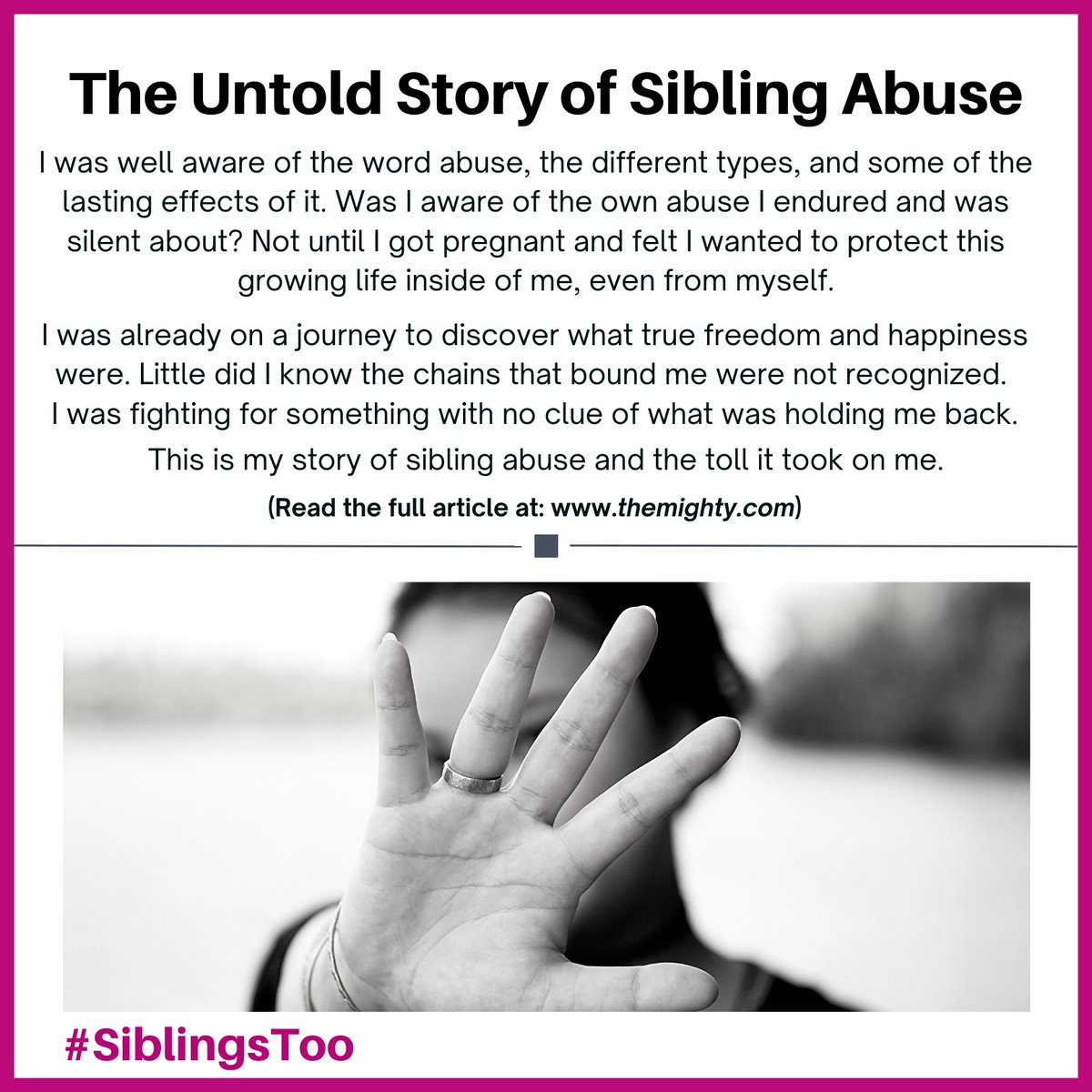 This is a story of a woman who, at the age of 39, realizes she has been suffering from the effects of abuse in her childhood at the hands of her brother. 

Read the full article: bit.ly/3jjYknM

#SiblingsToo #notchildsplay #SSA #SSAresearch