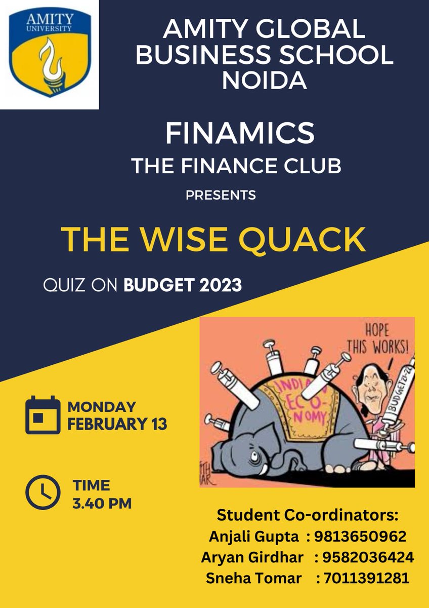 noidaagbs's tweet photo. "Quizzes are not only fun but also stimulate learning."
Finamics - The finance club of AGBS,Noida organised an exciting club activity called 'The Wise Quack' which aimed at enhancing the awareness of the students about Budget-2023.
#AGBS #Noida #FinanceClub #AUUP #AMITY #MBA #BBA https://t.co/jfXdL3MSKR