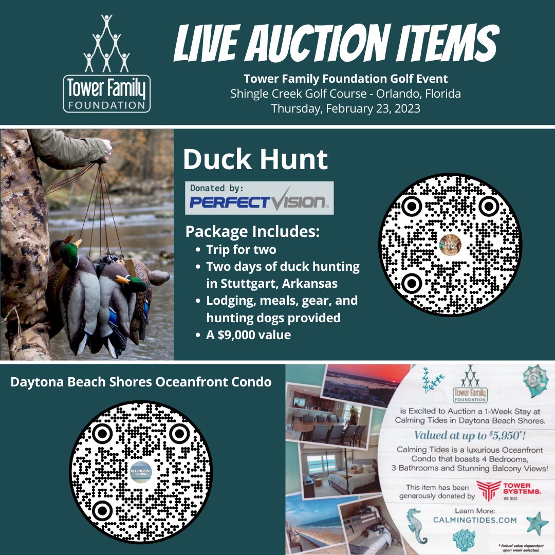 Bid on Live Auction Items:
•Duck Hunt for 2 by @PerfectVision79 
•Oceanfront Condo by @TowerSystemsInc 
Auction closes at 1 PM EST on 2/23/23
@CITCA_TRAINING @FinishTower @flashtechnology @tower_hayden @ITL_lighting @NEIAWireless @Safety_LMS @USATelecomIns @VIKORInc