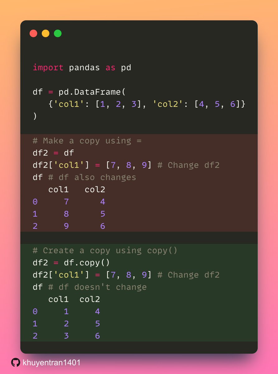 KhuyenTran16's tweet image. Using "=" to make a copy of a DataFrame creates a reference to the original DataFrame. Thus, any changes made to the new DataFrame will also be reflected in the original. 

To make changes to the copy without affecting the original, use the .copy() method.

#Python