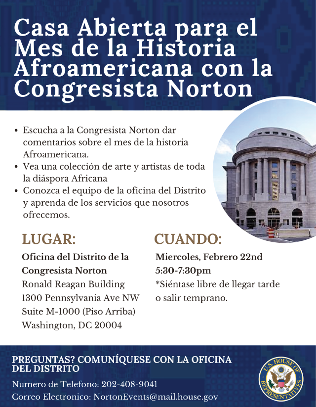EleanorNorton's tweet photo. On Wednesday, 2/22 from 5:30-7:30 pm I'll host an open house in my district office.

Come meet my district office team, hear me speak about Black History Month, and learn more about the services my office provides. https://t.co/czoyPodiUx
