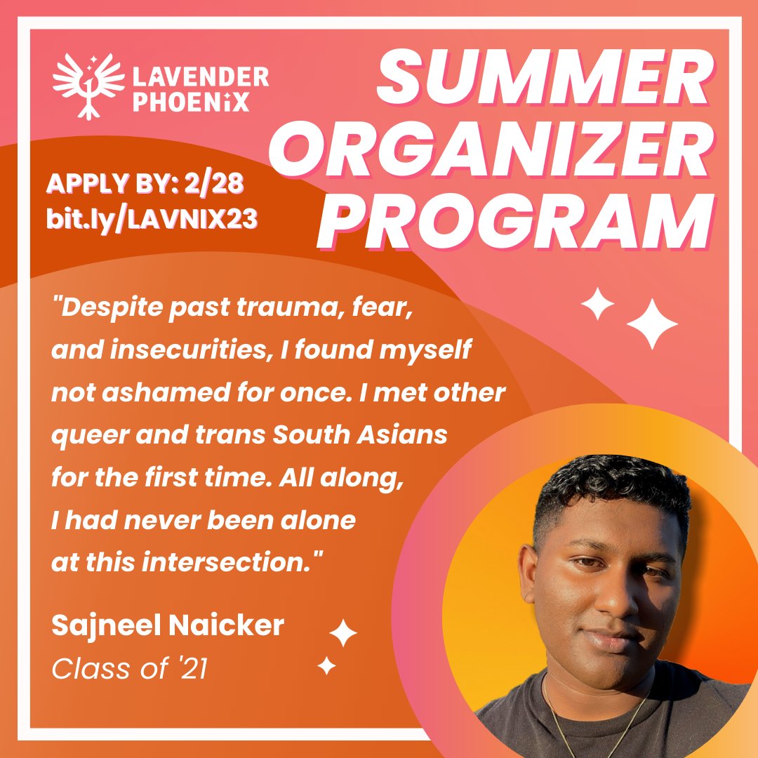 “I met other queer and trans South Asians for the first time. All along, I had never been alone.” - Sajneel Naicker. 📣 Apply for LavNix’s Summer Organizer Program by February 28th at bit.ly/LAVNIX23! 💖