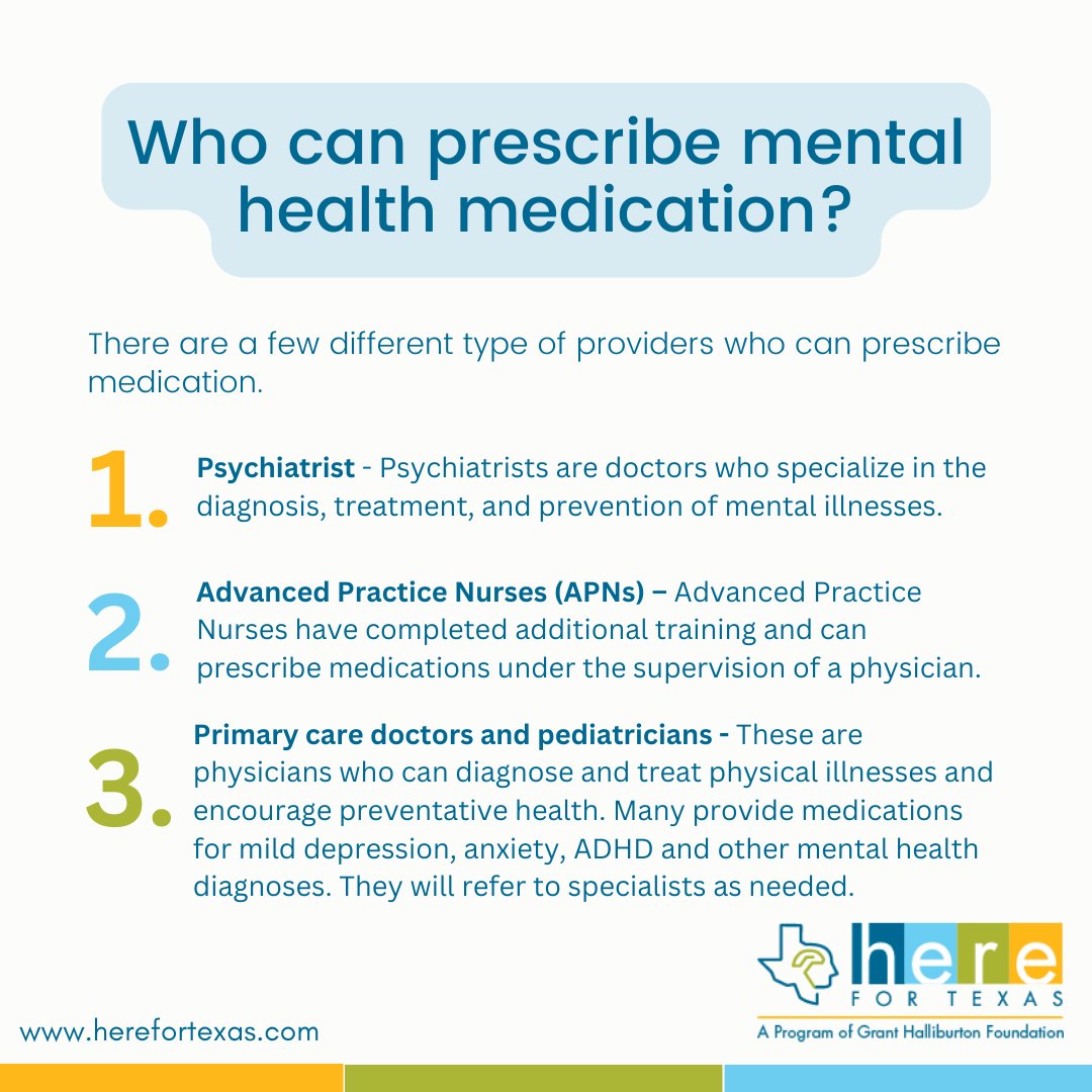 FAQ - Who can prescribe mental health information?

To learn more information, go to: herefortexas.com/types-of-menta…

#mentalhealth #mentalhealthfaq #mentalhealthmedication