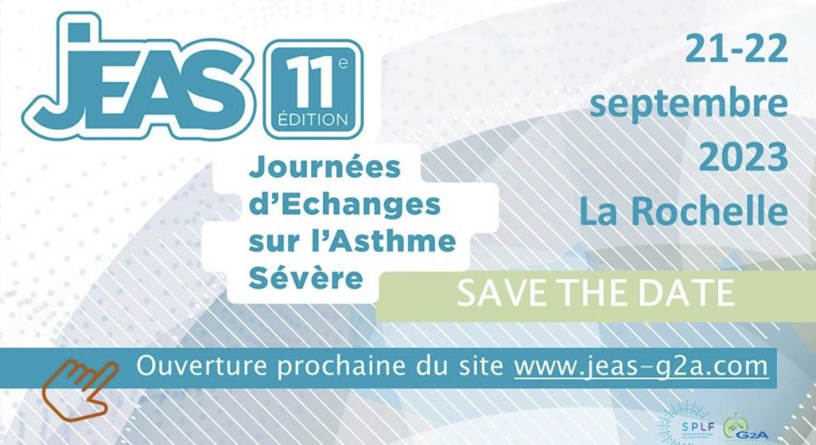 Société de Pneumologie de Langue Française (SPLF) (@splf_socpneumo) on Twitter photo 📢PRENEZ DATE
📅 21 et 22 septembre 2023
Journées d'échanges sur l'#Asthme Sévère #JEAS à
La Rochelle
<a href="/CindyBarnig/">Cindy Barnig</a> <a href="/taille_camille/">Camille Taillé</a> 📢PRENEZ DATE
📅 21 et 22 septembre 2023
Journées d'échanges sur l'#Asthme Sévère #JEAS à
La Rochelle
<a href="/CindyBarnig/">Cindy Barnig</a> <a href="/taille_camille/">Camille Taillé</a>