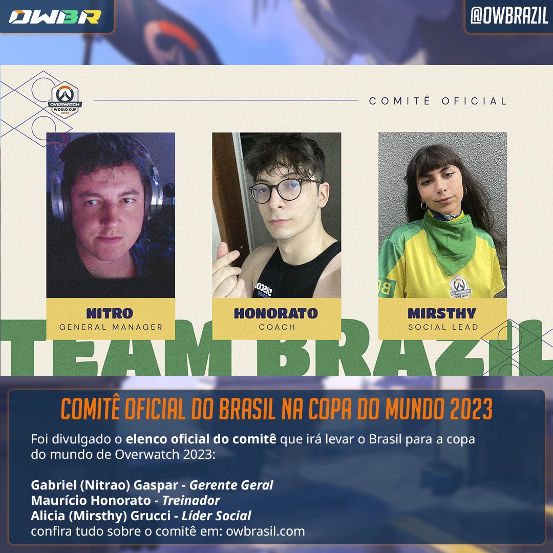 owbrazil's tweet photo. Dia (15/02/2023) foi divulgado o comitê oficial do Brasil na copa do mundo de Overwatch 2023.

No elenco temos grandes estrelas do nosso cenário, que acreditamos que irão ser muito importantes para guiar nosso país nesta copa.

@Nitrao_  
@honorato_ow  
@mirsthy  

#owbrasil https://t.co/R6R44VWF1L