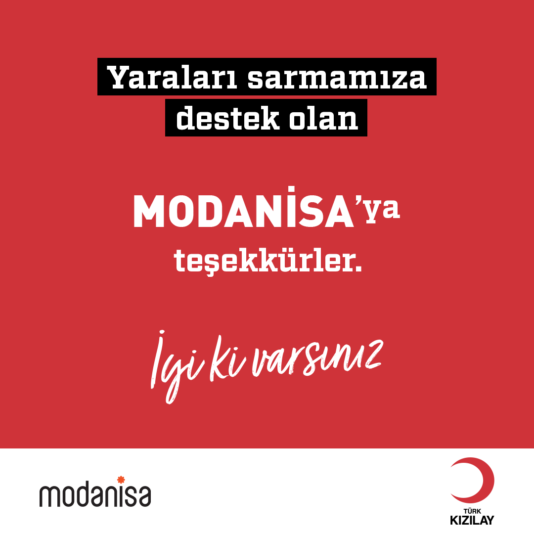 Afet bölgelerindeki yaraların hızla sarılması için Kızılay'a bağış yapan Modanisa'ya (@modanisa) teşekkür ederiz. İyi ki varsınız! #SensizOlmaz