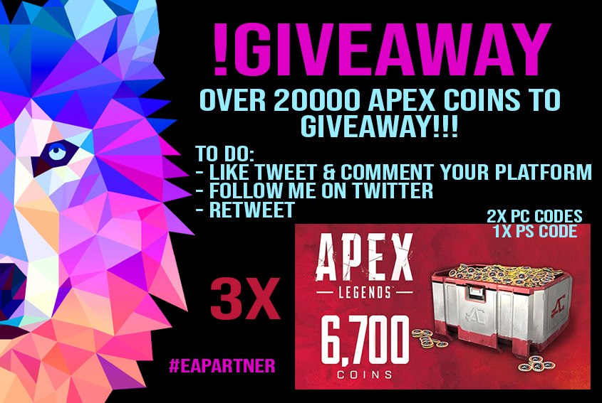 Gemma | VG (@virtualgemma_) on Twitter photo 🚨 APEX COINS GIVEAWAY!!🚨
Thanks to the <a href="/EA/">Electronic Arts</a> Creator Network I'm giving away 3 x 6700 coins! 2 for PC and 1 for Play Station.
To do:
Like this tweet, retweet and comment your platform!
Make sure you're following!
Winners announced this weekend 💪
#EAPartner 🚨 APEX COINS GIVEAWAY!!🚨
Thanks to the <a href="/EA/">Electronic Arts</a> Creator Network I'm giving away 3 x 6700 coins! 2 for PC and 1 for Play Station.
To do:
Like this tweet, retweet and comment your platform!
Make sure you're following!
Winners announced this weekend 💪
#EAPartner