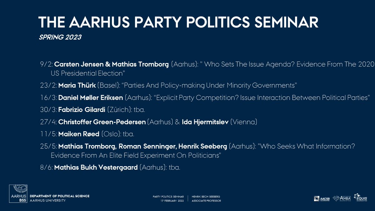 Excited for the spring 2023 edition of the "Aarhus Party Politics Seminar" and welcoming fabulous guests to Aarhus: @MariaThurk, <a href="/fgilardi/">Fabrizio Gilardi (inactive)</a> &amp; Maiken Røed.