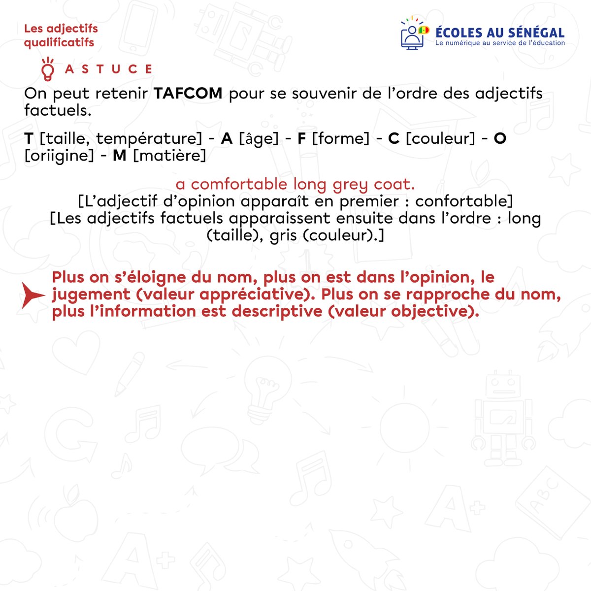 easofficiel's tweet photo. L’adjectif qualificatif est un élément essentiel de la langue #anglaise et son utilisation correcte est indispensable pour #communiquer de manière claire et précise.
#englishclass #grammarlessons #adjectives https://t.co/pmQlzuYBUz