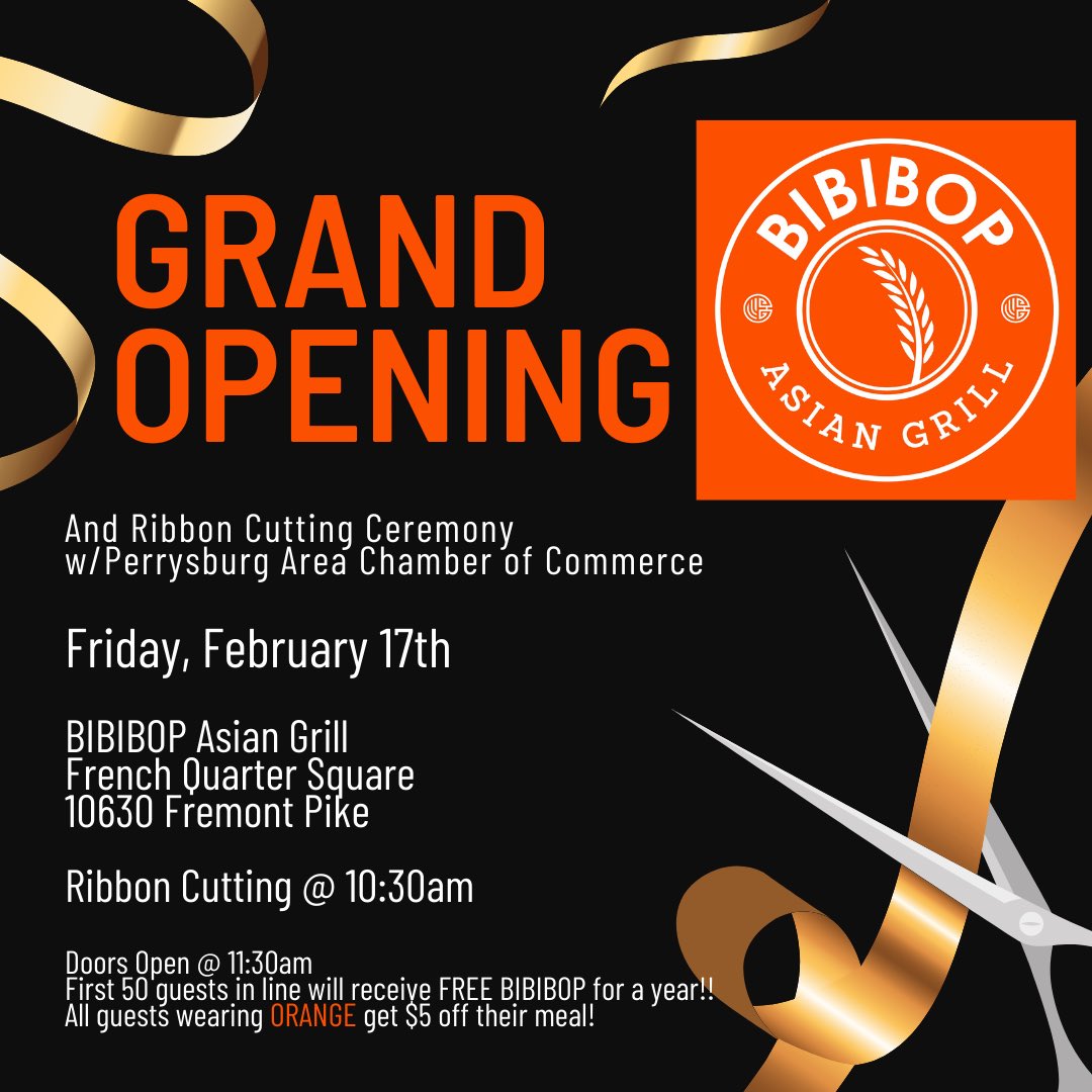Pburg_Chamber's tweet photo. Tomorrow!!! See you at the BRAND NEW @BIBIBOPGrill Perrysburg location! https://t.co/0PFdNqgkTP
