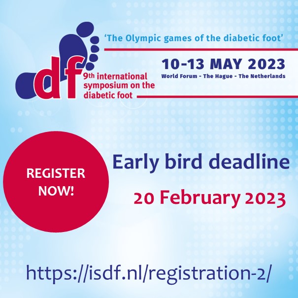 EARLY BIRD DEADLINE APPROACHING!
Don't forget to register for #ISDF2023. You only have time until 20 February to benefit from the early bird registration fee!
isdf.nl/registration-2/

#ISDF2023 #earlybird #registernow #deadline #internationalsymposium #diabeticfoot