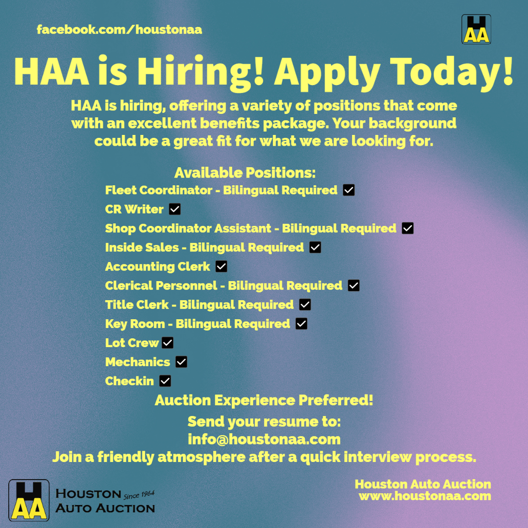 haatweets's tweet photo. 📣WE ARE HIRING!📣 If you are looking to work for a great company with great benefits, then look no further and send us your resume!

https://t.co/inGkmQbCCs
#HAA #HoustonAutoAuction #Houston #Auction https://t.co/L3jh9E3dvK