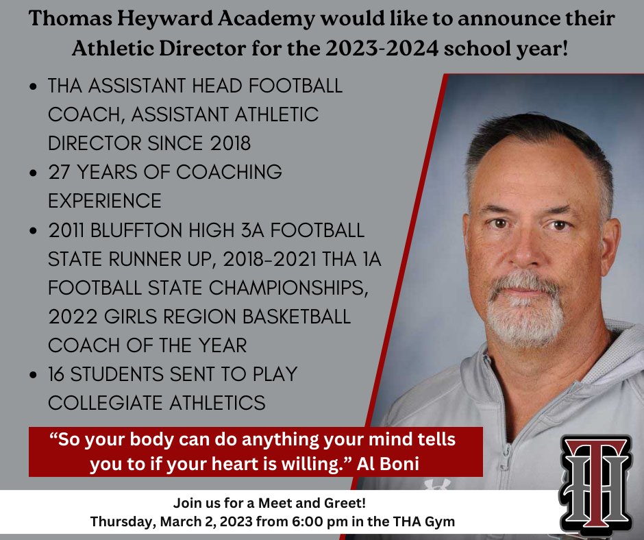 ThomasHeywardAc's tweet photo. THA announces new Athletic Director and Head Football Coach for 2023-2024 #fullspeedahead #changeisgood #letsgorebels #tharebelpride
 @BIGScoachboni @LowcoSports https://t.co/m4uaLVsBqi